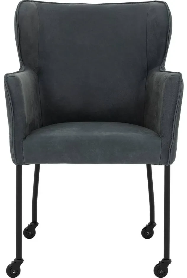 Goossens Excellent Eetkamerstoel Leogang blauw leer met armleuning en met wielenZwart skater wiel met zwarte kap, elegant chic