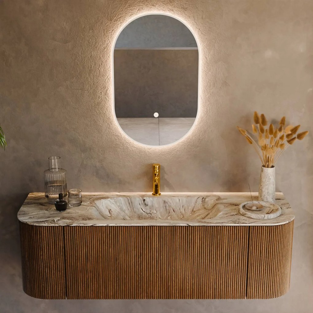 Mondiaz Kurve-dlux 140cm badmeubel ronding links/rechts dusk met 1 lade en 2 deuren en wastafel big small midden 1 kraangat glace