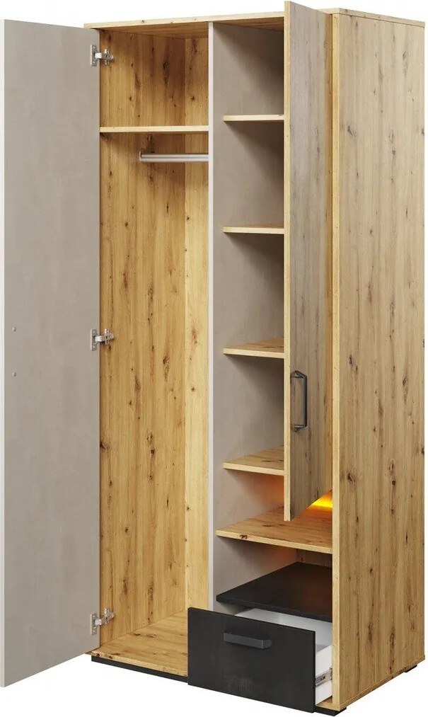 Kledingkast Orlveno 121, Zwart, Artisan eiken, Grijs, 195x90x52cm, Kledingkast deuren: Met scharnieren, Aantal planken: 6, Aantal planken: 6