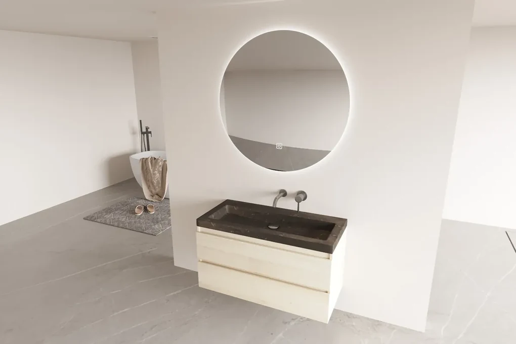 Fontana Freestone badkamermeubel beach eiken 100cm met natuurstenen wastafel zonder kraangat en ronde spiegel