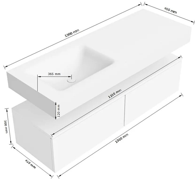 Zaro Alan badmeubel 130cm talc 2 lades met vrijhangende wastafel cloud links 1 kraangat urban
