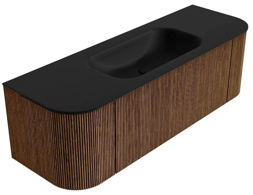 Mondiaz Kurve 140cm badmeubel ronding links/rechts walnut met 1 lade en 2 deuren en wastafel big small midden zonder kraangat urban