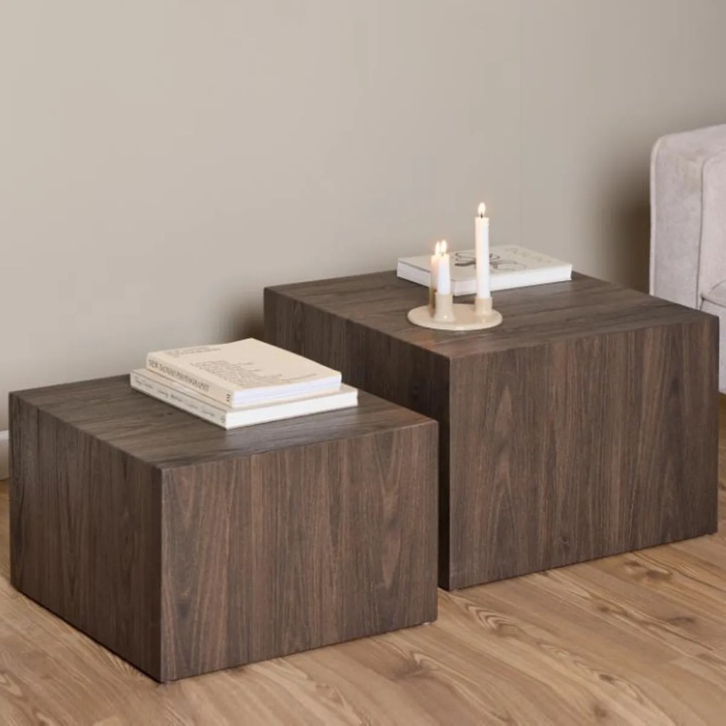 Blok Salontafel Set Donkerbruin Hout - 58 X 58cm.