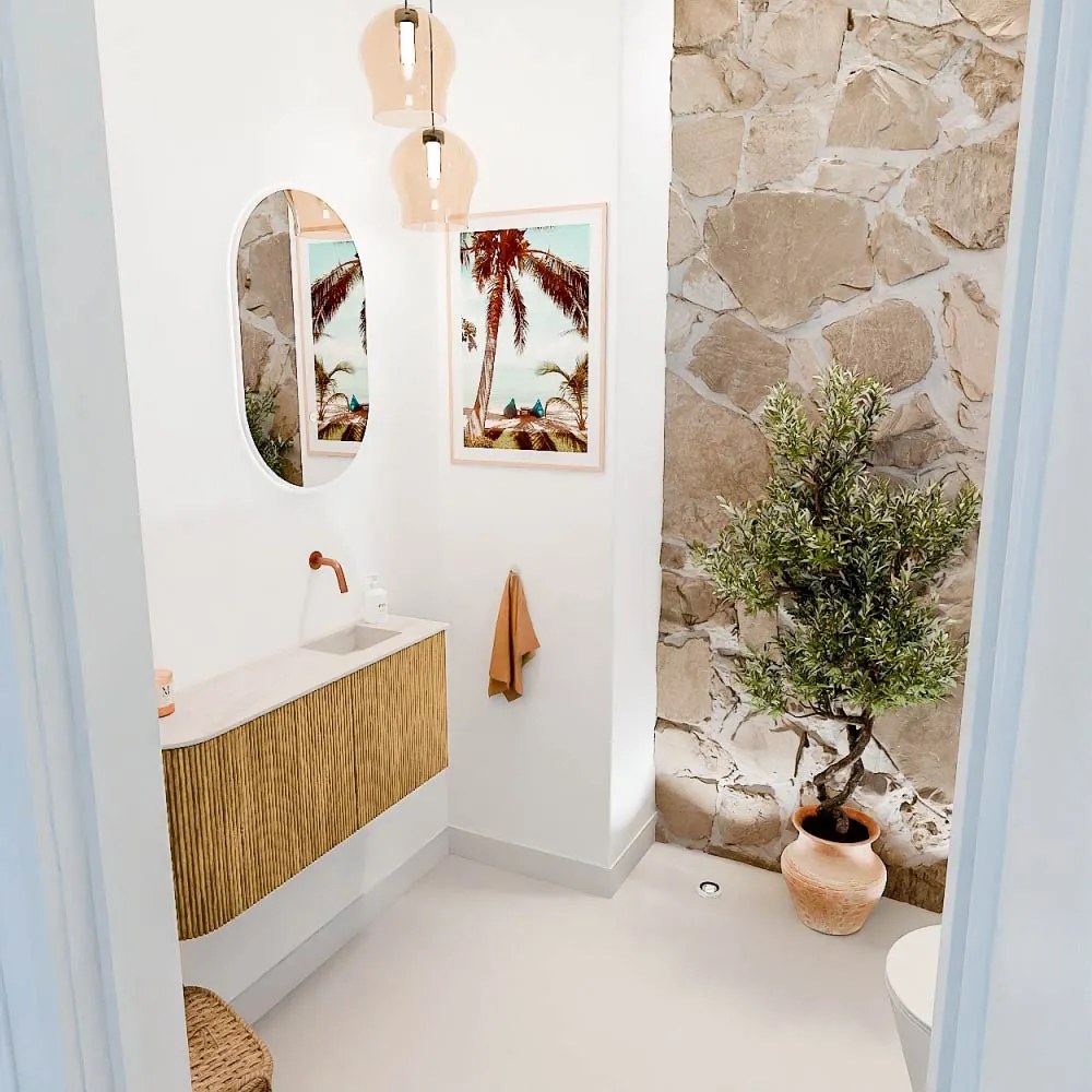 Mondiaz Joya DLux 90cm toiletmeubel ronding links oak met wastafel faye rechts zonder kraangat meli