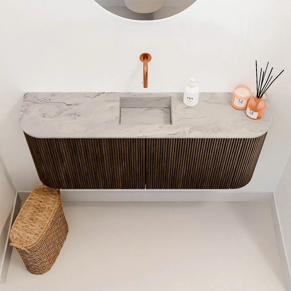Mondiaz Joya DLux 105cm toiletmeubel ronding links/rechts walnut met wastafel faye midden zonder kraangat glace