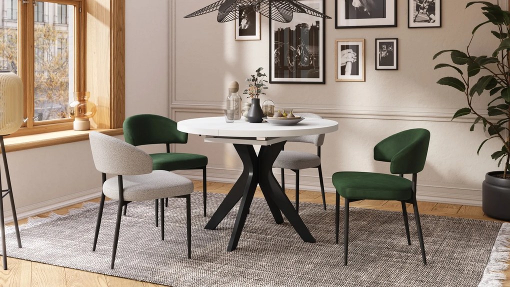 RENZO Wit/zwarte poot - RONDE TAFEL Ø110 UITKLAPBAAR TOT 180 cm | VOOR DE KEUKEN EETKAMER WOONKAMER RETRO