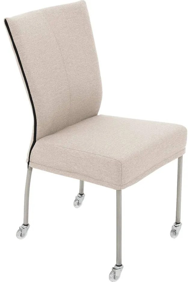 Goossens Eetkamerstoel Funk RVS Poten beige stof leuning en met wielenTransparant skater wiel met rvs kap, modern design