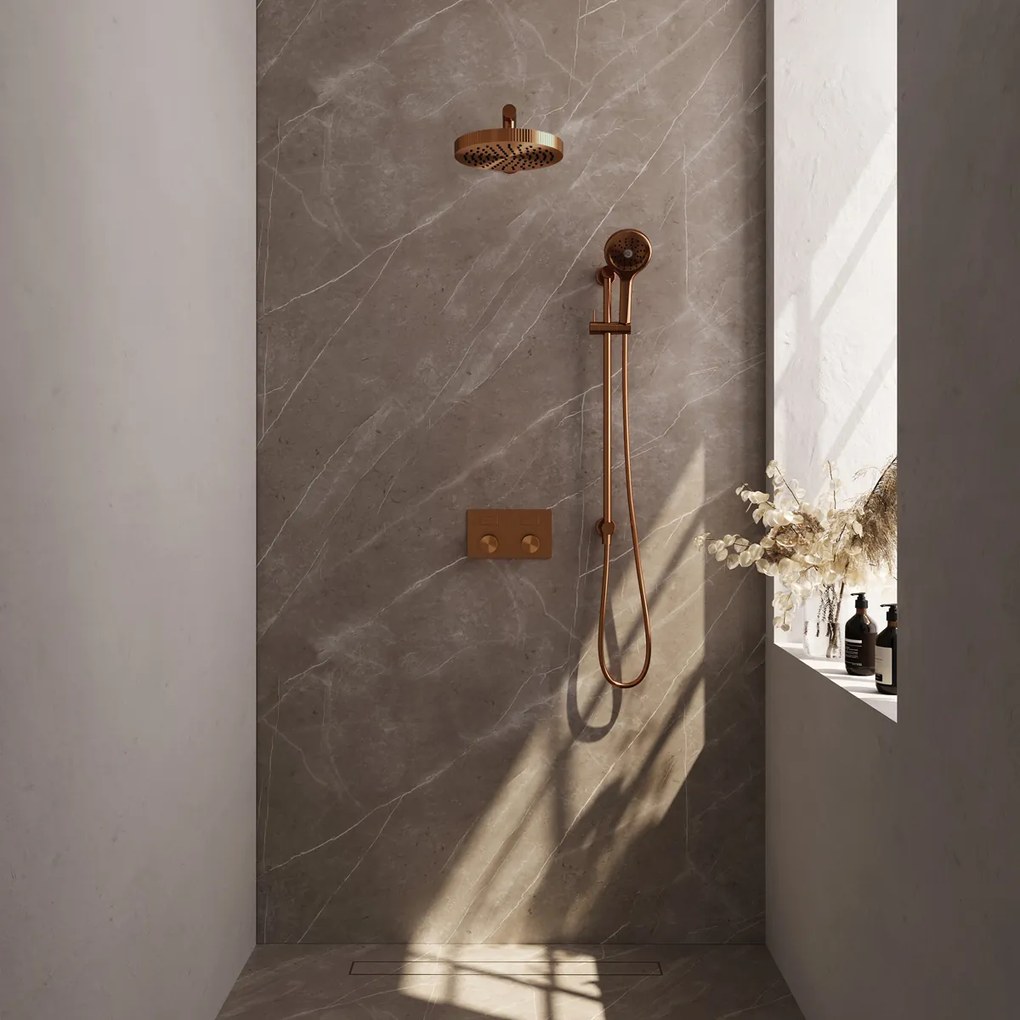 Brauer Stripe inbouw regendouche met 25cm hoofddouche, rechte muurarm, 3 standen handdouche en glijstang set 34 koper geborsteld PVD