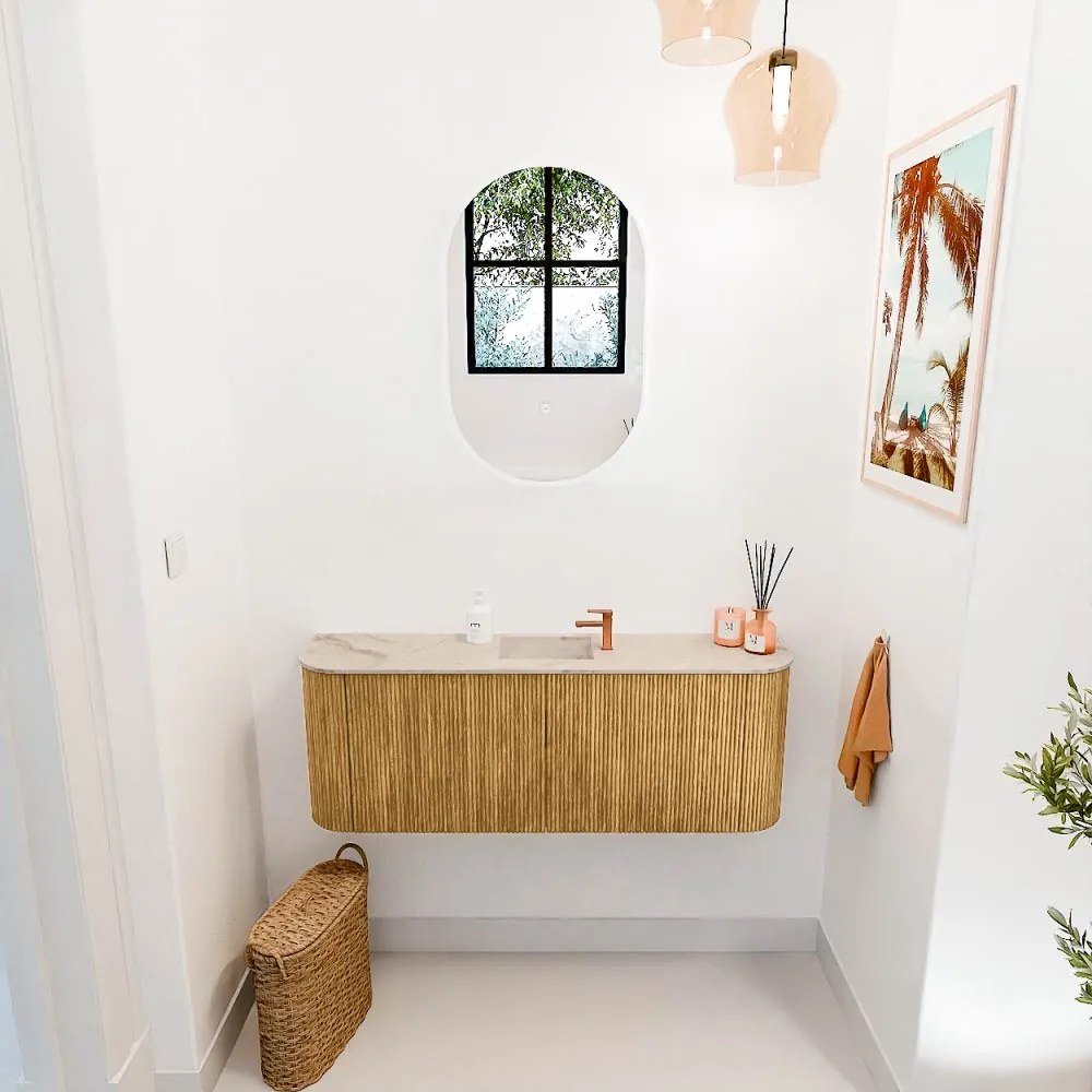 Mondiaz Joya DLux 115cm toiletmeubel ronding links/rechts oak met wastafel faye midden 1 kraangat frappe