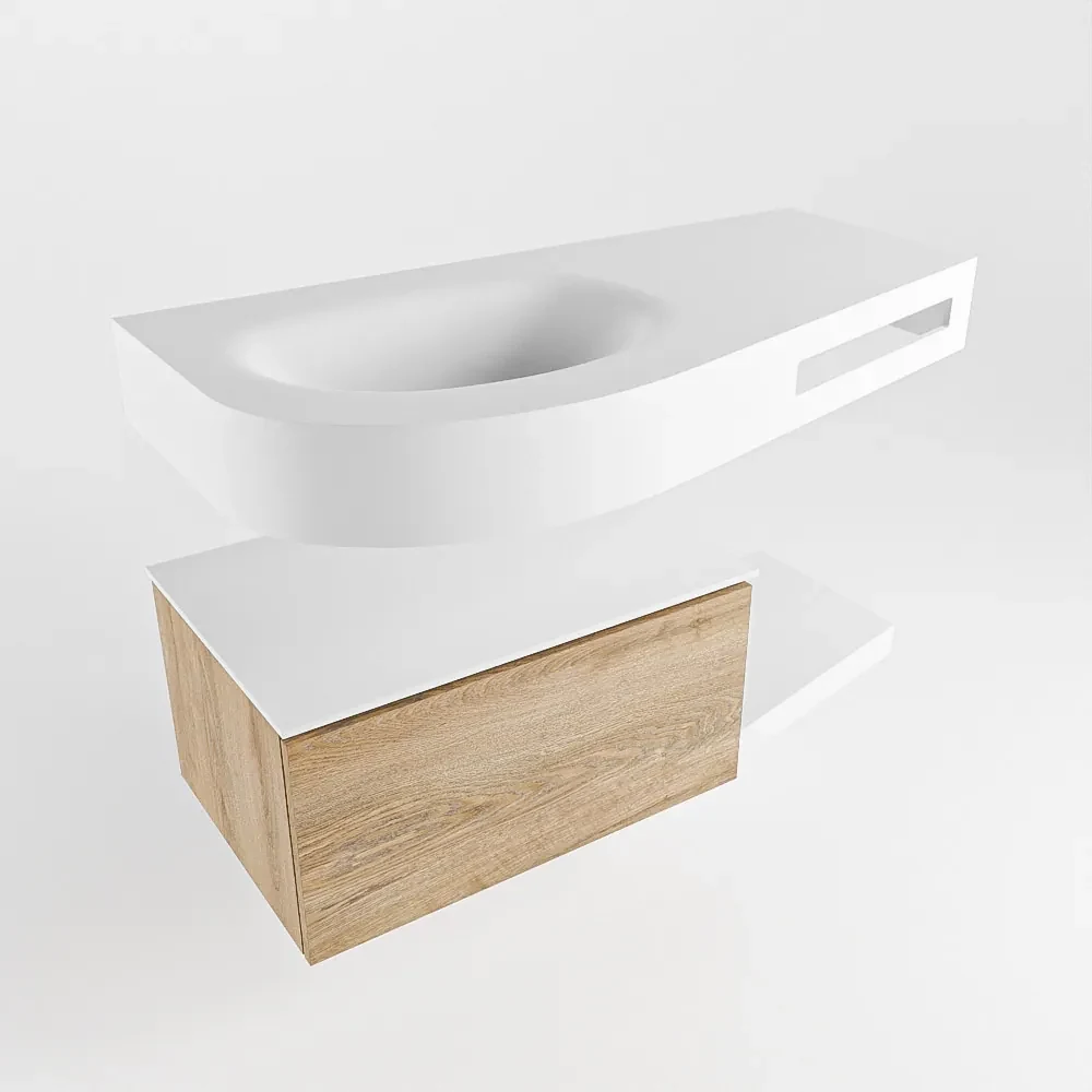 Mondiaz Riva badmeubel 100cm Washed Oak met 1 lade en wastafel links 0 kraangaten Talc