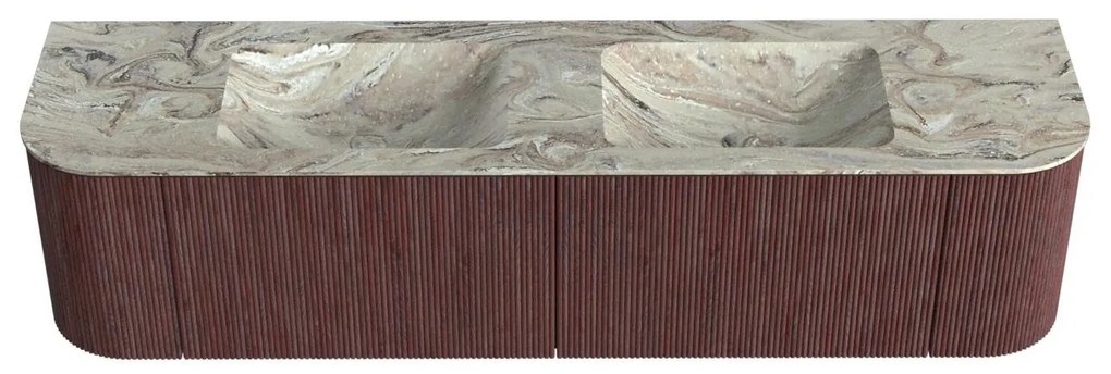 Mondiaz Kurve-dlux 180cm badmeubel ronding links/rechts ruby met 2 lades en deuren en wastafel leaf dubbel zonder kraangat glace