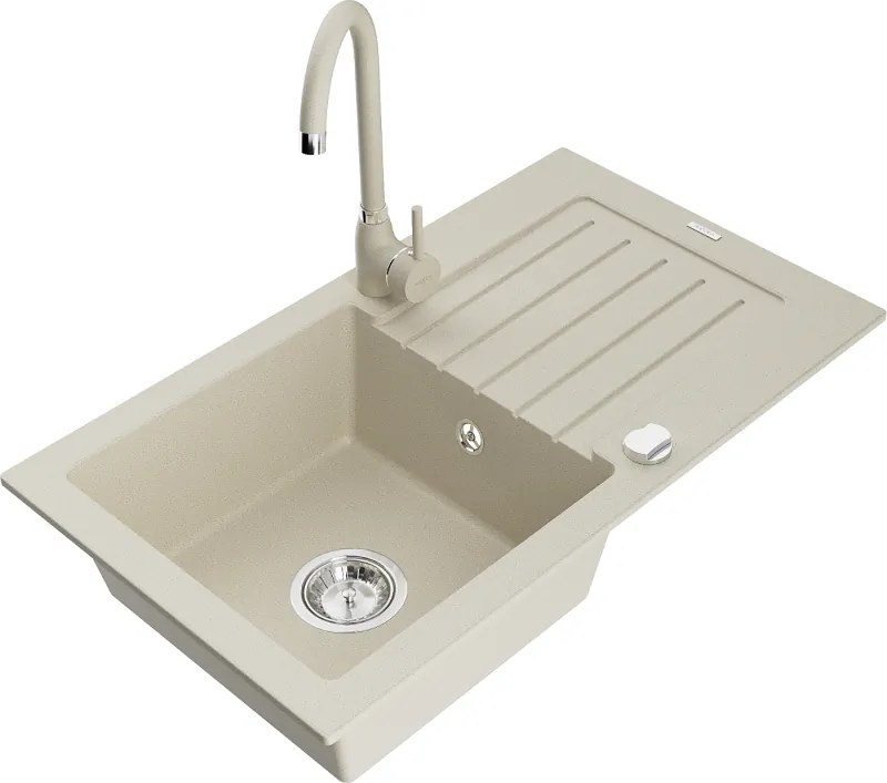 Mexen Pablo granieten gootsteen 1-komorige met afdruiprek en keukenmengkraan Telma, beige - 6510-69-670200-69