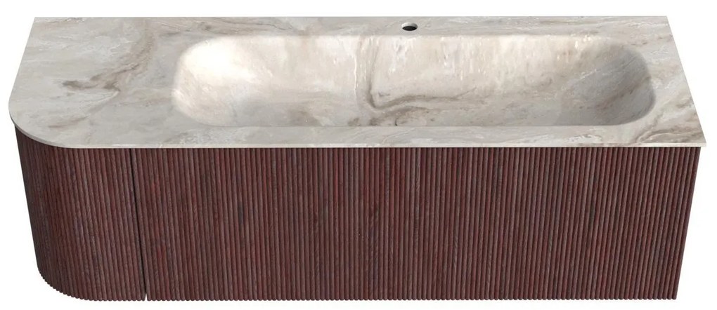 Mondiaz Kurve-dlux 135cm badmeubel ronding links ruby met 1 lade en deur en wastafel big medium kraangat rechts frappe