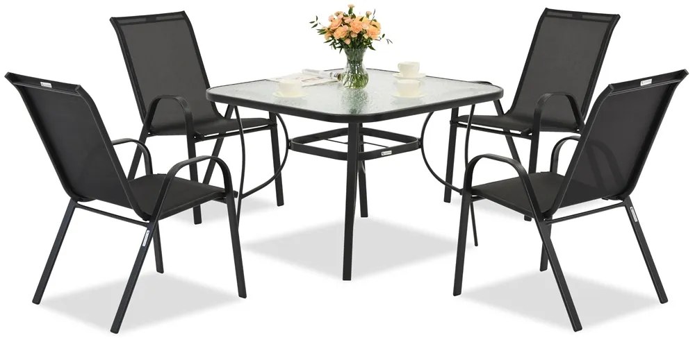 Modena metalen tuinmeubel voor 4 personen met Garden Point vierkante tafel zwart