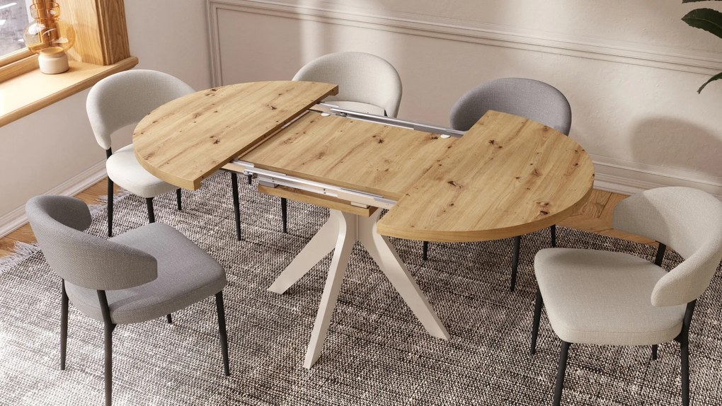 RENZO Artisan Eiken/beige poot (Champagne) - RONDE TAFEL Ø110 UITKLAPBAAR TOT 180 cm |VOOR DE KEUKEN EETKAMER WOONKAMER RETRO