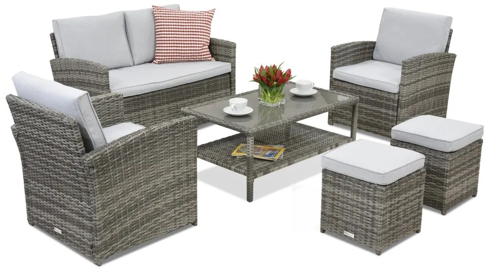 Garden Point tuinmeubelen Monaco Coffee 4 + 2 poefs grijs