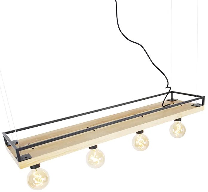 Industriële hanglamp zwart met hout 4-lichts - Shelf
