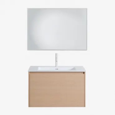 Badkamermeubelset In Hout Met Geïntegreerde Wastafel Jacob Natuurlijk Hout & Rechthoekige Led En Anticondens 100x70 Cm Riben & Wit - Sklum