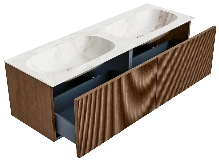 Mondiaz Kurve-dlux 140cm badmeubel walnut met 2 lades en wastafel stor small dubbel 2 kraangaten frappe