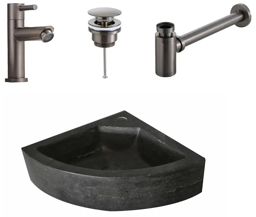 Lambini Designs Corner natuursteen fonteinset met gunmetal kraan en toebehoren