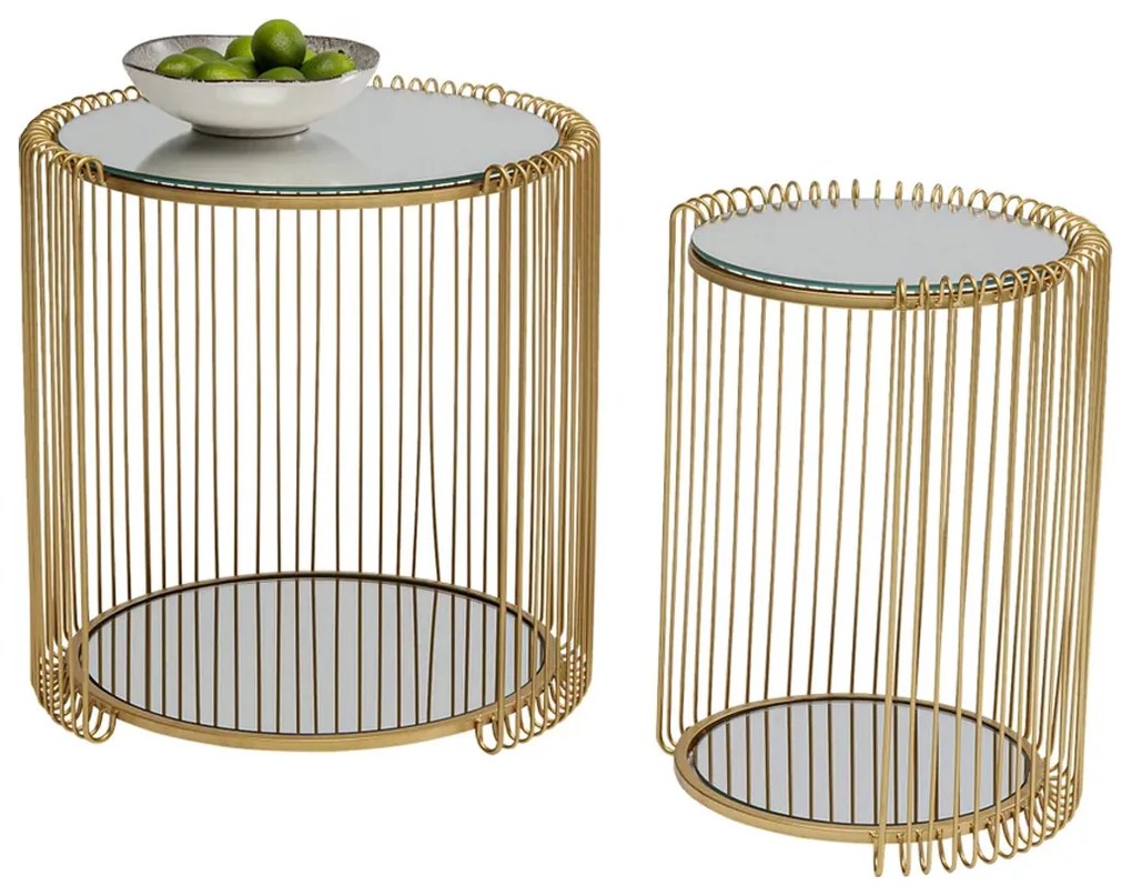 Kare Design Wire Double Ronde Bijzettafel Set Met Glas Goud - 45 X 45cm.