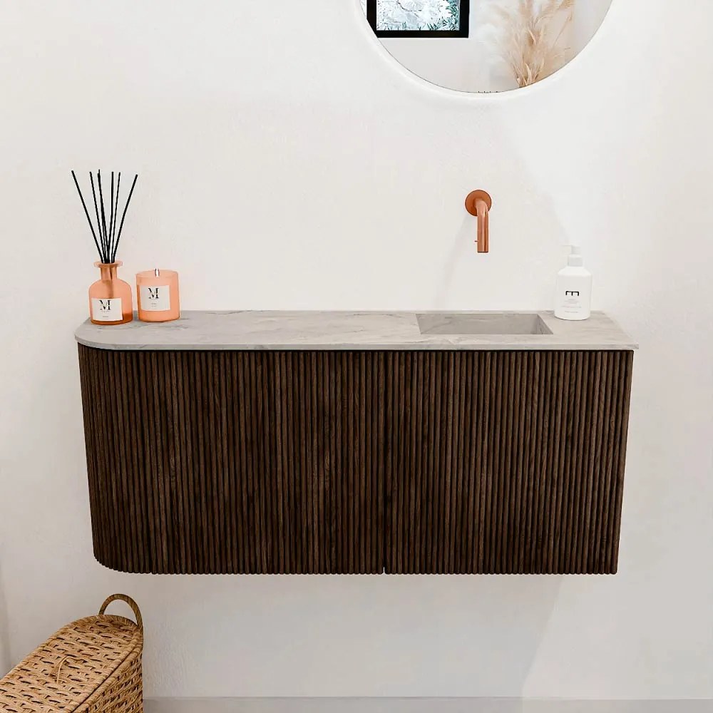 Mondiaz Joya DLux 90cm toiletmeubel ronding links walnut met wastafel faye rechts zonder kraangat glace