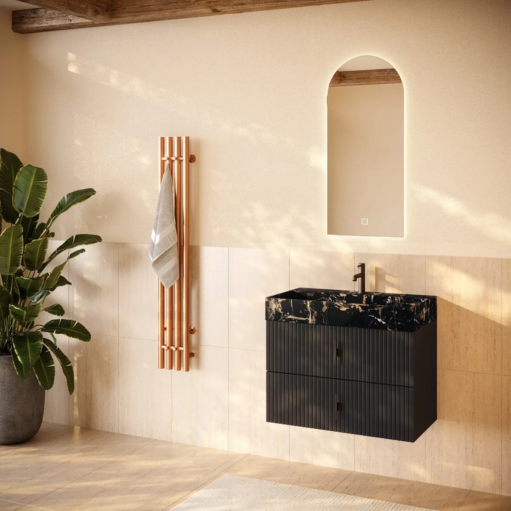 Muebles Murcia badmeubel ribbelfront 80cm antraciet met Portoro Gold wastafel met kraangat
