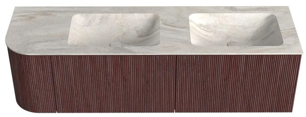 Mondiaz Kurve-dlux 155cm badmeubel ronding links ruby met 2 lades en 1 deur en wastafel leaf dubbel/rechts zonder kraangat ostra