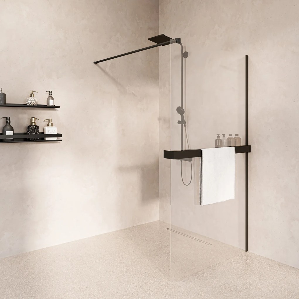 Saniclear Metric inloopdouche 80cm met handdoekhouder en helder glas zwart mat