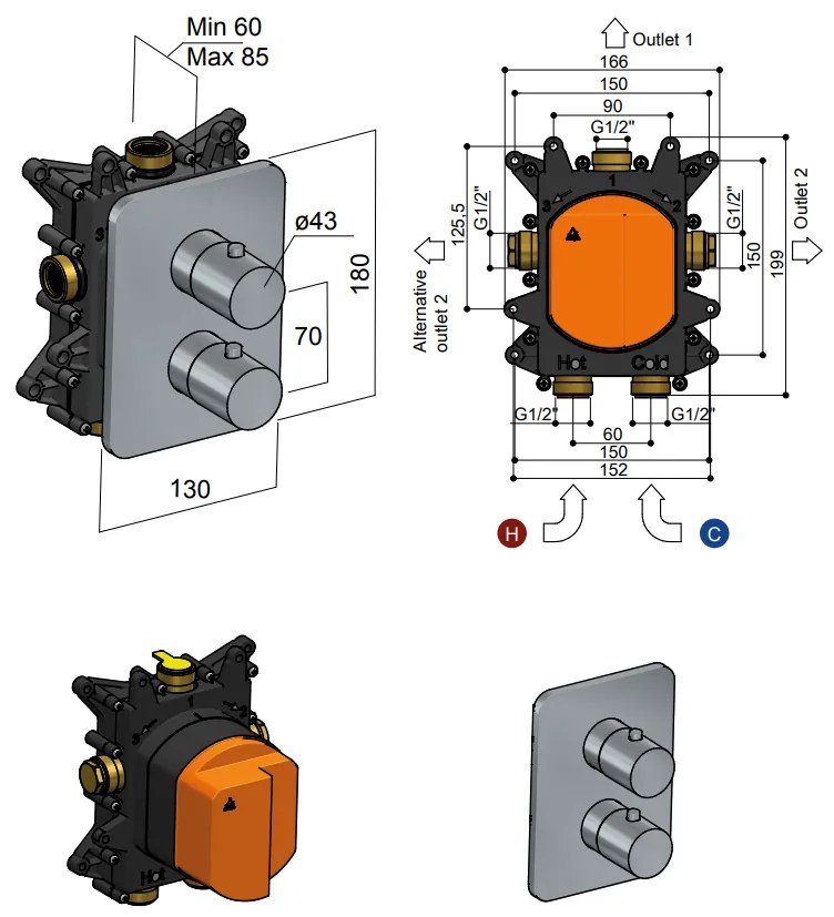 Hotbath Gal inbouwthermostaat 2-wegs chroom