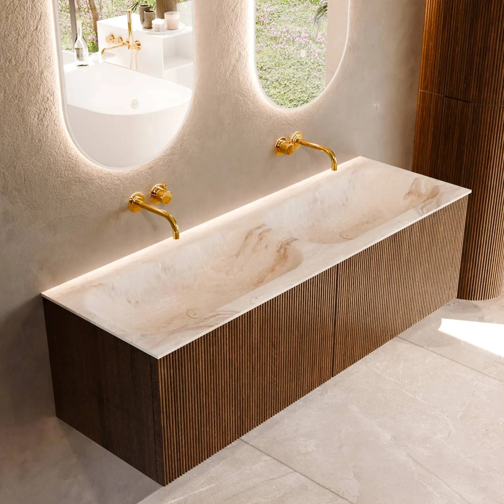 Mondiaz Kurve-dlux 140cm badmeubel dusk met 2 lades en wastafel stor small dubbel zonder kraangat frappe