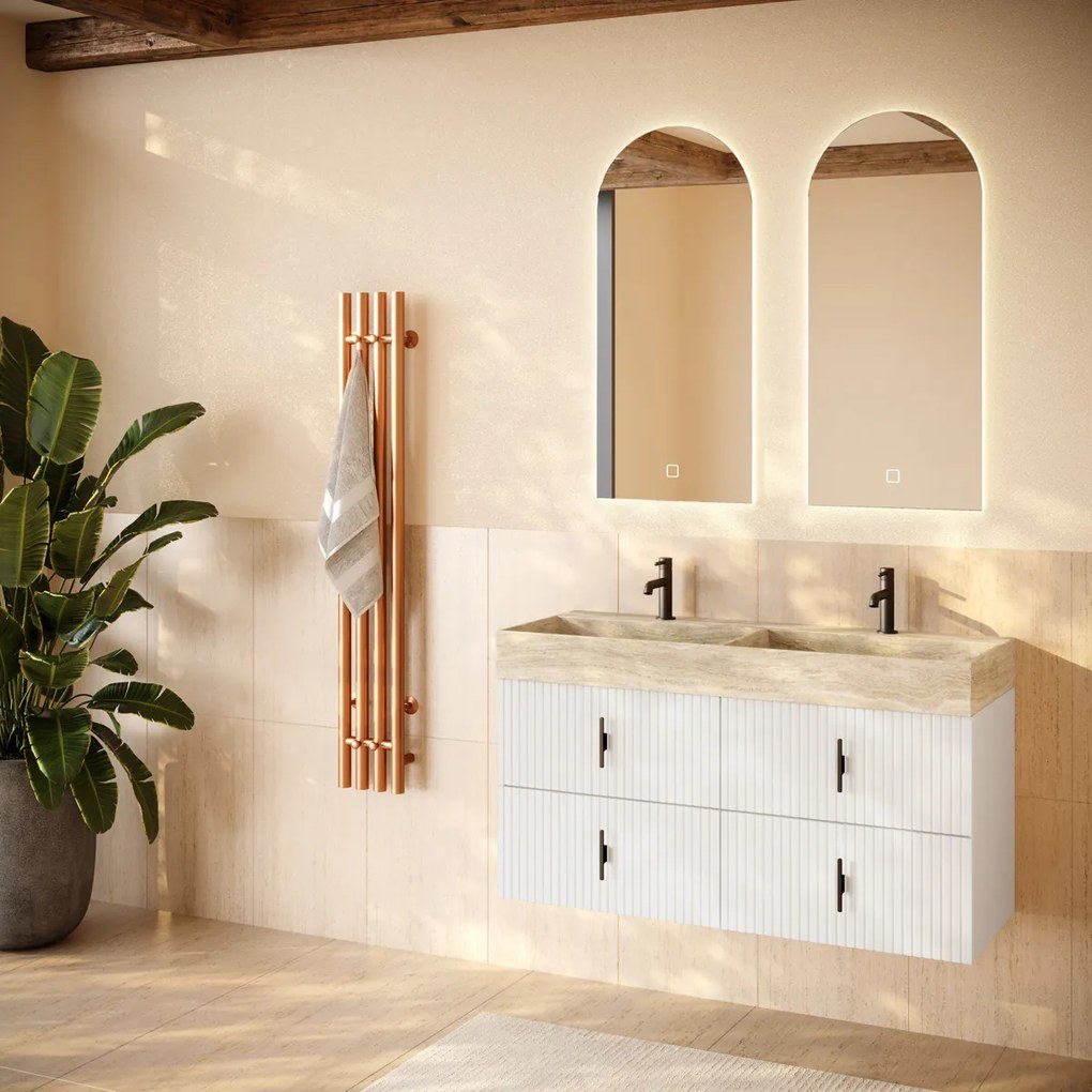 Muebles Murcia badmeubel ribbelfront 120cm wit mat met White Travertin wastafel met kraangaten