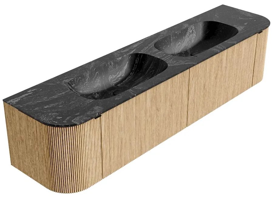 Mondiaz Kurve-dlux 190cm badmeubel ronding links/rechts oak met 2 lades en deuren en wastafel stor small dubbel 2 kraangaten lava