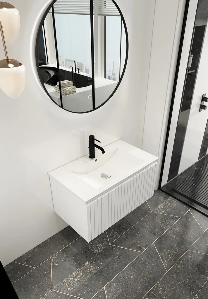 Fontana Lento wit badkamermeubel ribbelfront met witte wastafel 80cm 1 kraangat en ronde spiegel