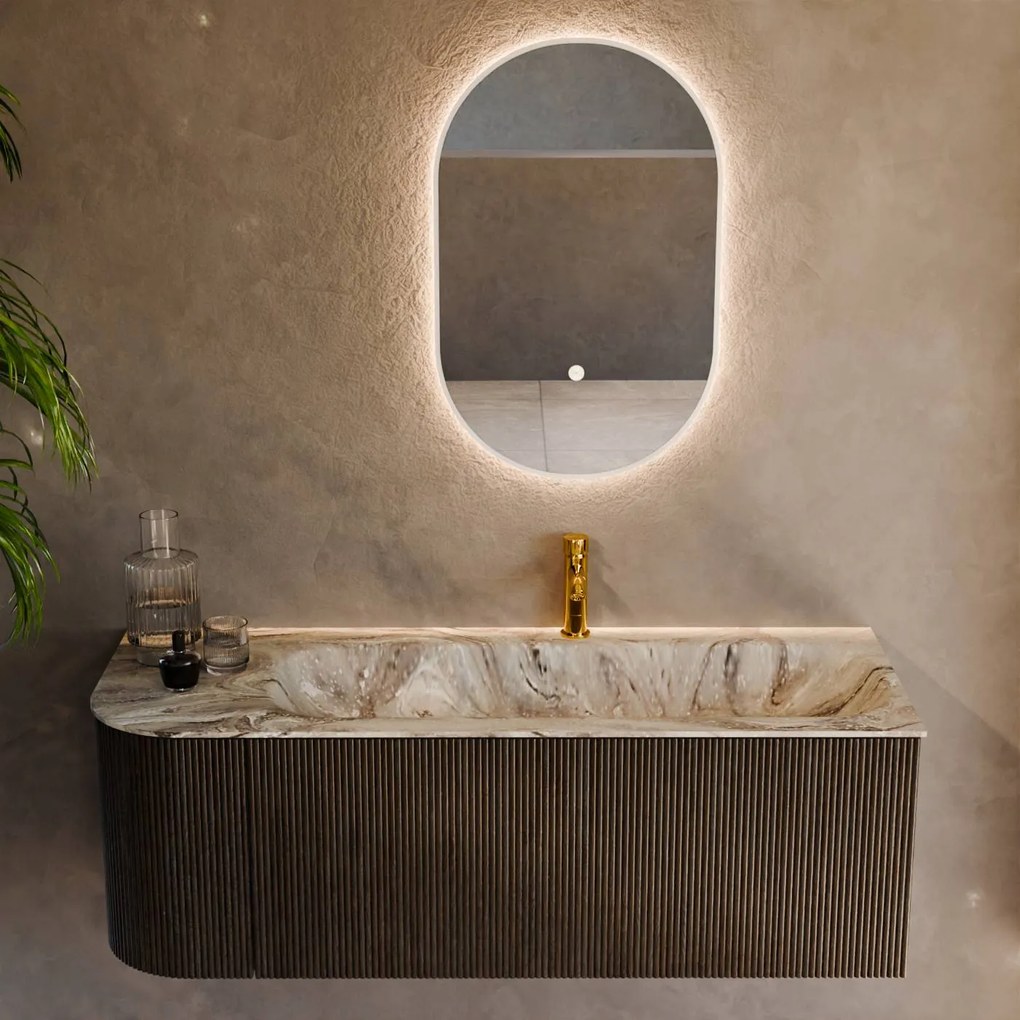 Mondiaz Kurve-dlux 125cm badmeubel ronding links shadow met 1 lade en deur en wastafel big medium kraangat rechts glace