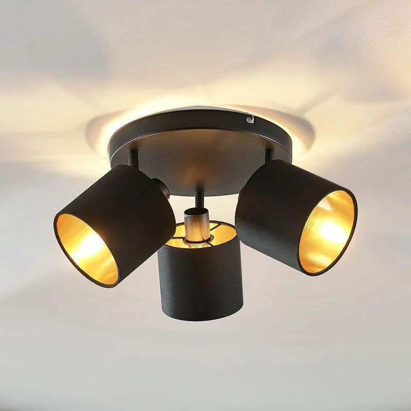Stoffen plafondlamp Vasilia zwart-goud, 3-lamps - lampen-24