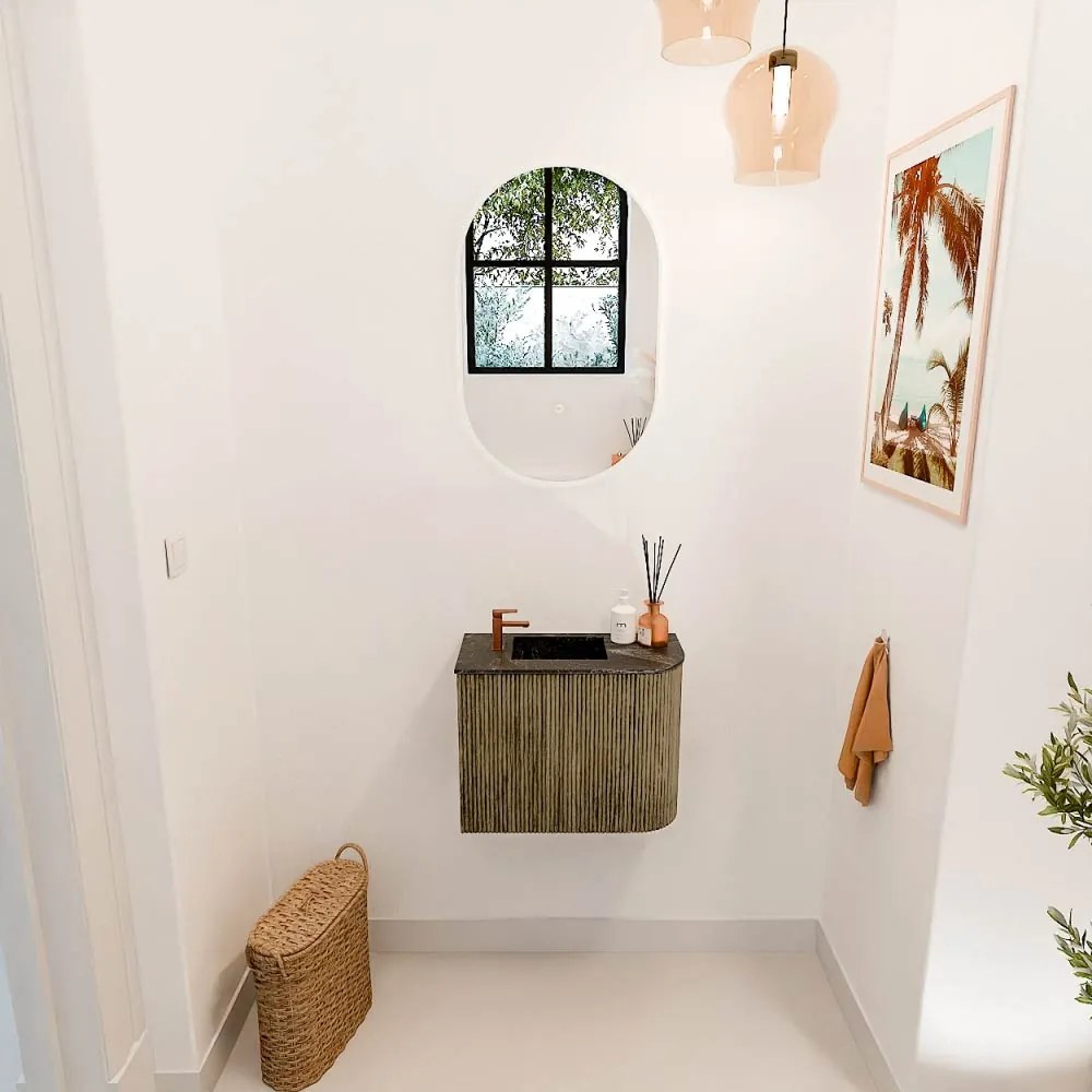 Mondiaz Joya DLux 50cm toiletmeubel ronding rechts dusk met wastafel faye links 1 kraangat lava