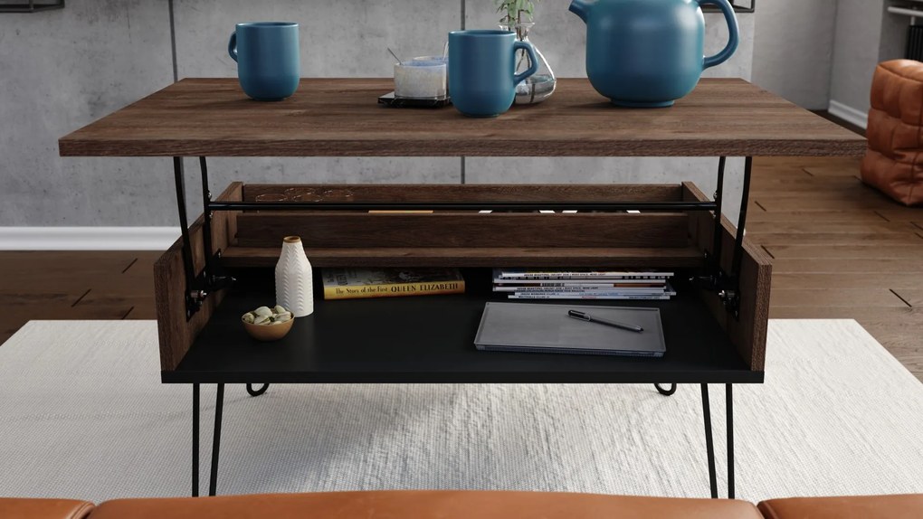 HAIRPIN S-90 Eik Bruin/Zwart Mat - MODERNE KOFFIETAFEL MET OPKLAPBARE TAFEL + OPBERGVAK + PLANK