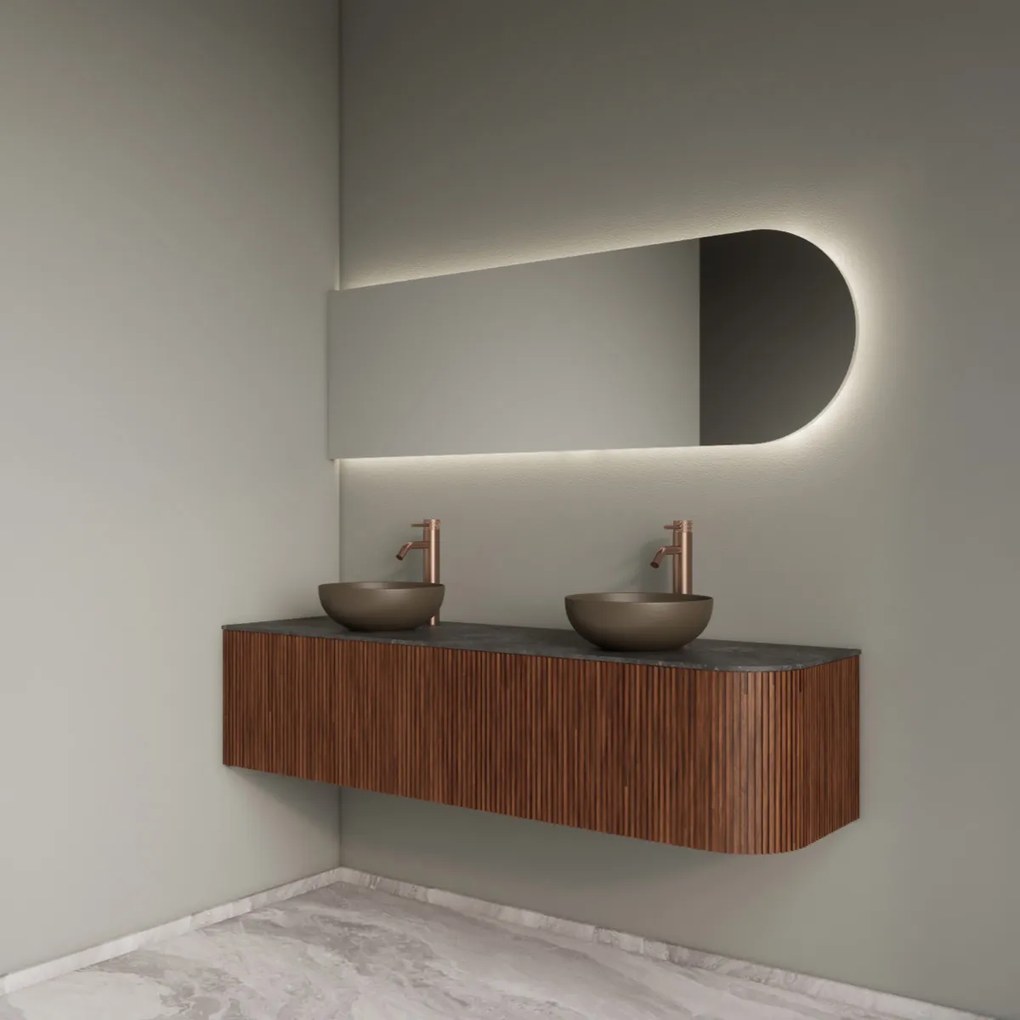 Gliss Design Alluro badmeubel ribbelfront met ronding rechts 160cm walnut en zwart leisteen toppaneel