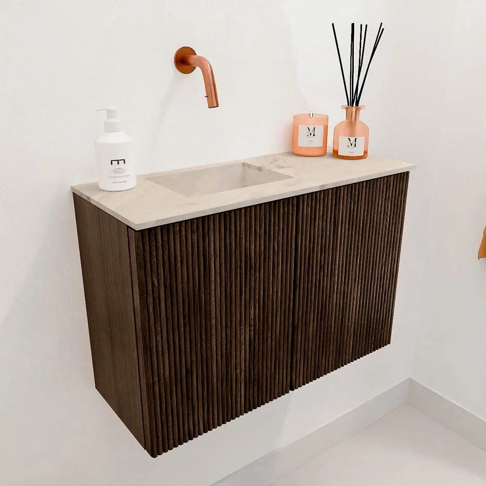Mondiaz Joya DLux 60cm toiletmeubel walnut met wastafel faye links zonder kraangat frappe