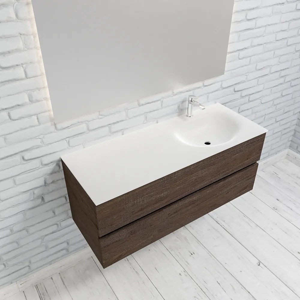 Zaro Sevilla Solid Surface badmeubel 120cm donker eiken 1 kraangat spoelbak rechts met 2 lades