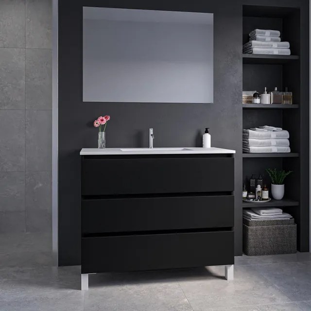 Adema Chaci PLUS Badkamermeubelset - 100x86x46cm - 1 rechthoekige keramische wasbak wit - 1 kraangat - 3 lades - rechthoekige spiegel - mat zwart SW1212802/SW804532/SW724612