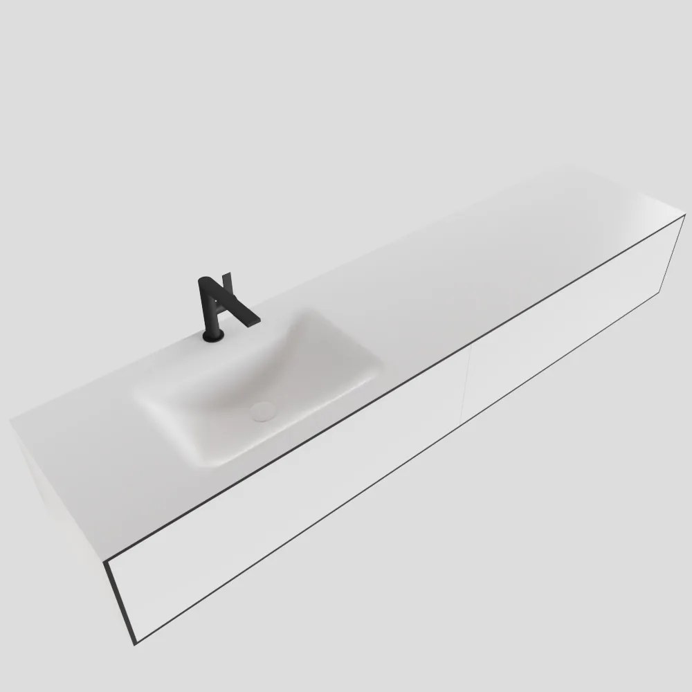 Zaro Lagom volledig naadloos solid surface onderkast 190cm mat zwart met 2 lades Push tot open. Compleet met solid surface wastafel met 1 kraangat(en)