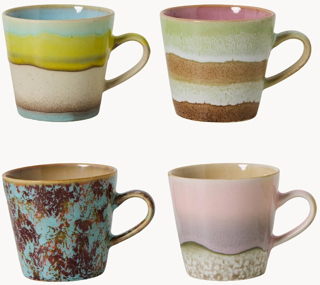 Handgemaakte mokken 70's met reactief glazuur, 4-delig
