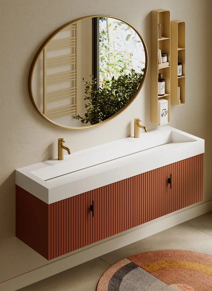 Muebles Calas badmeubel ribbelfront 160cm terracotta met solid surface wastafel met kraangaten