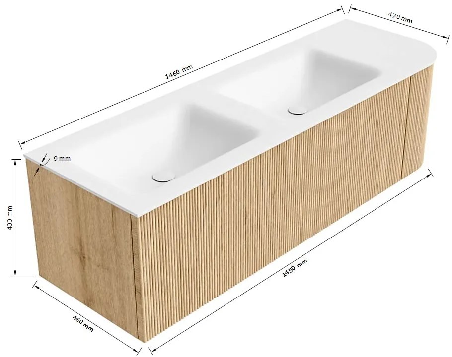 Mondiaz Kurve 145cm badmeubel ronding rechts oak met 1 lade en deur en wastafel cloud dubbel/links 2 kraangaten urban