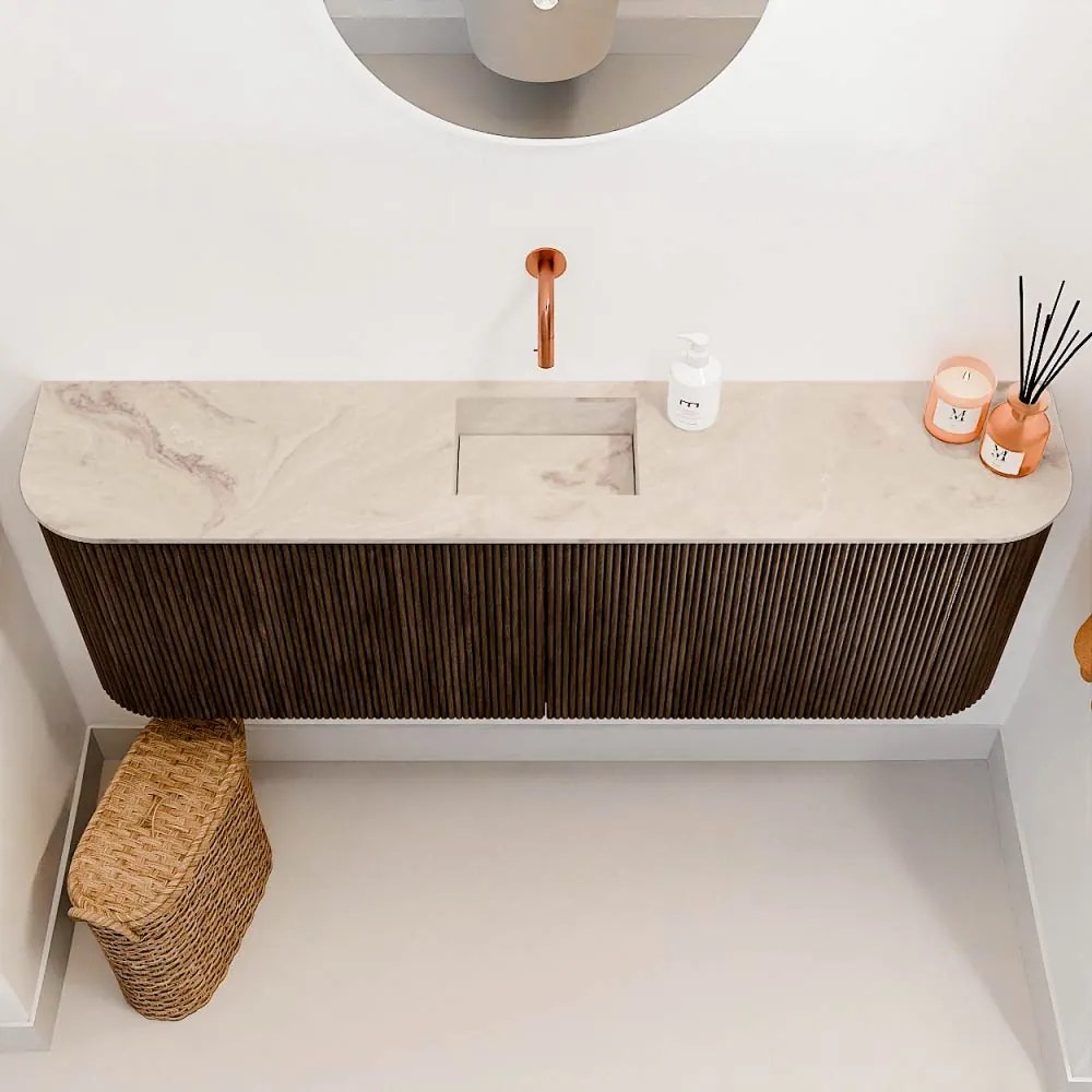 Mondiaz Joya DLux 125cm toiletmeubel ronding links/rechts walnut met wastafel faye midden zonder kraangat frappe