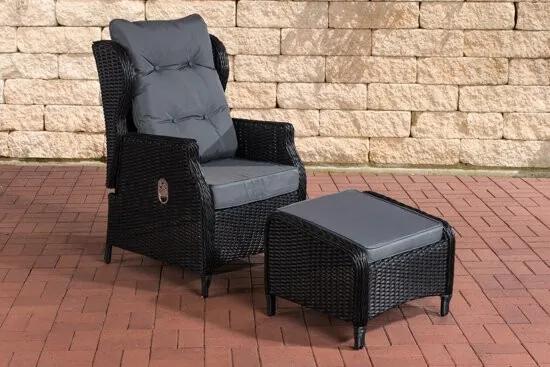 Poly rotan Relaxstoel BRENO met rotan poef rugleuning traploos instelbaar - rotan : zwart overtrek : ijzerachtig grijs