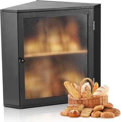 VEVOR Hoekbroodtrommel Dubbellaags Broodcontainer Broodtrommel Organizer Gemaakt van Hout voor Zelfgebakken Brood, Opbergcontainer met Gegolfd Acryl Deurpaneel, Broodopslag Zwart