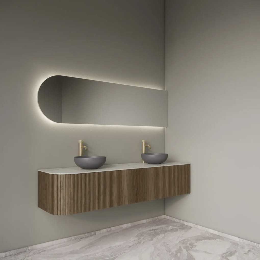 Gliss Design Alluro badmeubel ribbelfront met ronding links 180cm ash grey en wit marmer toppaneel